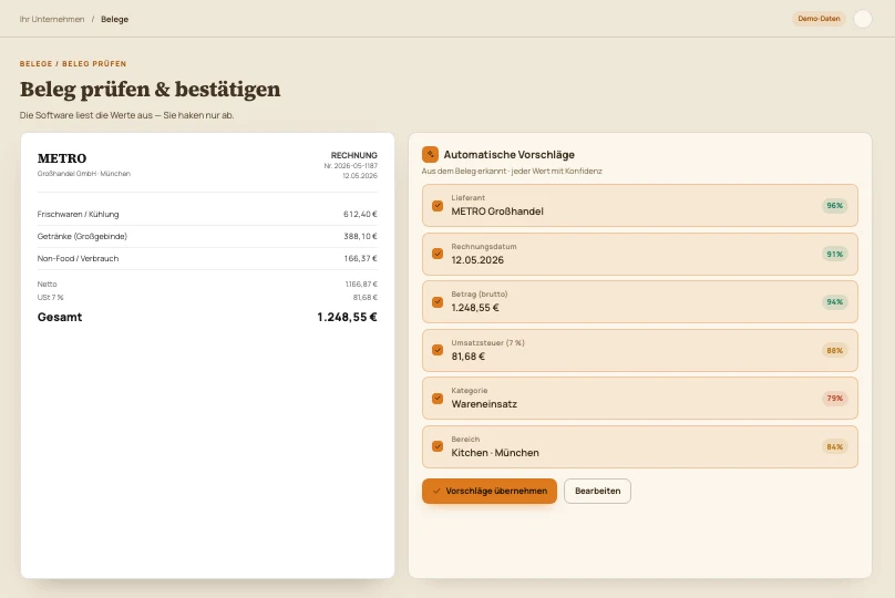 Belegprüfung mit KI-Vorschlägen: erkannte Werte mit Konfidenz, ein Klick zum Übernehmen