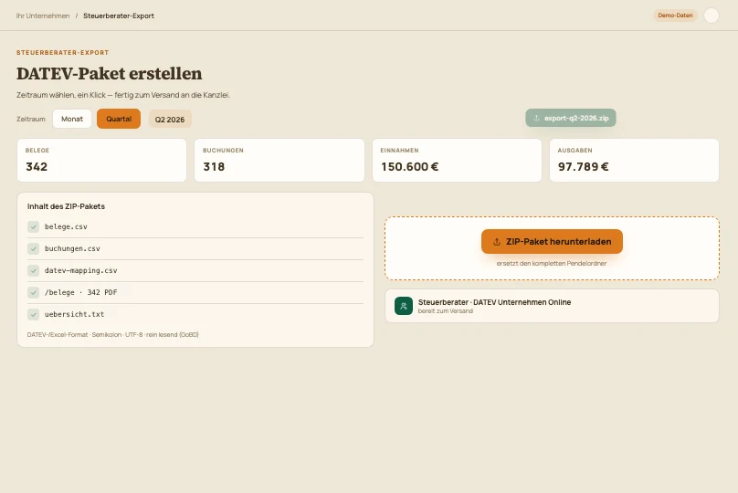DATEV-Paket erstellen: 342 Belege als ZIP für die Steuerkanzlei